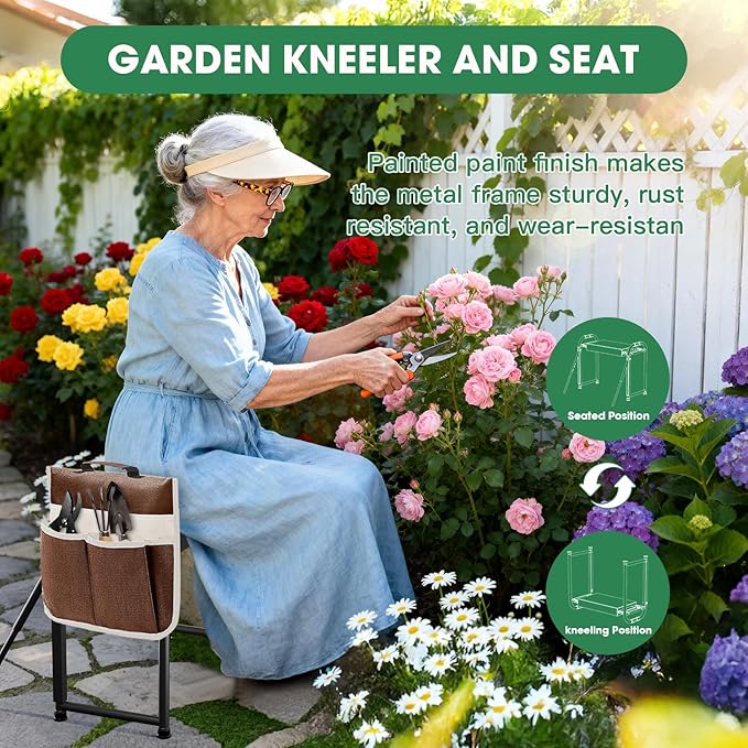 Heavy Duty Garden Kneeler and Seat for Elderly, 400lbs Capacity Foldable Gardening Stool with Support Legs & Thick Pad, Includes Large Tool Organizer Bag, Black (Dark Black)