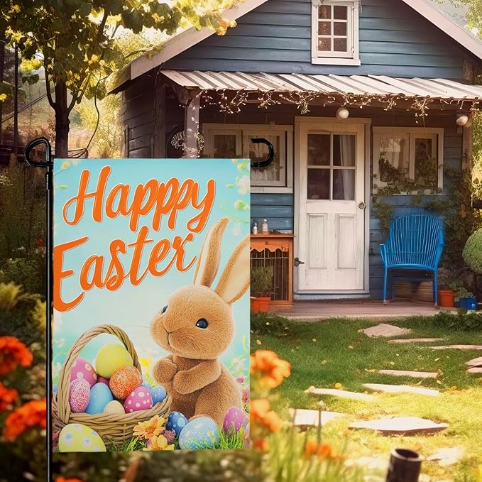 Happy Easter Bunny Garden Flag 12x18 Inch Double Sided Rabbits Colorful Eggs Yard Flags Spring Floral Small Flags for Outside Graden Home Decorations