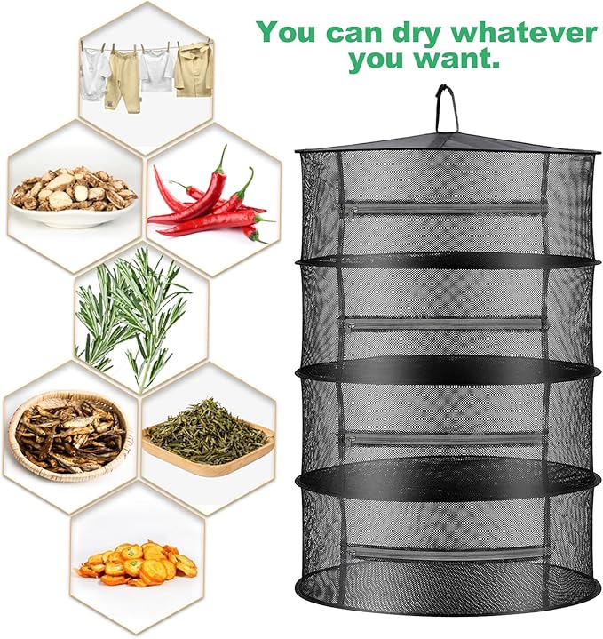Herb Drying Rack Net Mesh with Black Zippers Hydroponics, Bonus Hook Scissor Drying Rack 2ft for Plant Bud Seed, Mesh Hanging Plant Dry, Herb Dry Net for Garden (4 L, Black Zipper)