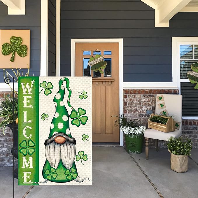 AVOIN colorlife Welcome St Patricks Day Garden Flag 12x18 Inch Double Sided, Leprechaun Gnome Shamrock Lucky Clover Holiday Yard Outdoor Flag