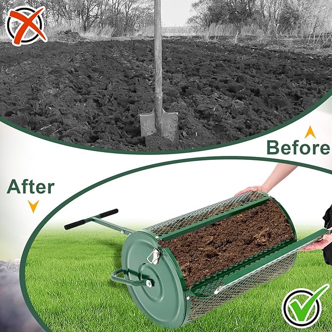 Hiboom 24 Inch Compost Spreader, Peat Moss Spreader, Manure Roller with Adjustable T Shaped Handle, Lightweight Metal Mesh for Lawn Garden Spreading Manure Topsoil (Green)