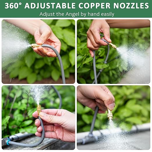 Drip Irrigation System 100FT 1/4", 360°Adjustable Garden Watering System with 16pcs Copper Nozzles, Drip Irrigation Kit for Outdoor Plants, Greenhouse Watering System