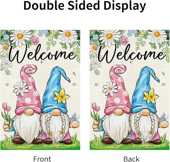 Spring Garden Flag 12x18 Inch - Cute Gnome Couple with Floral Design, Double-Sided "Welcome" Outdoor Decor for Patio Yard Spring Seasonal Decorations