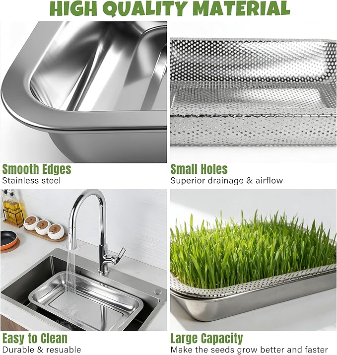 2 Pack Stainless Steel Seed Sprouter Trays, 2-Tier Soil-Free Microgreens Growing Kit, Rust-Free Sprouting Tray with Mesh Pads for Sprouts Beans Alfalfa Wheatgrass