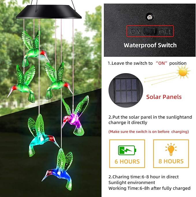 Gifts for Mom from Daughter Son Husband LED Solar Hummingbird Wind Chimes Indoor Outside Best Gifts for Mothers Day Birthday Grandma Women Who has Everything Outdoor Decor,Yard Decorations