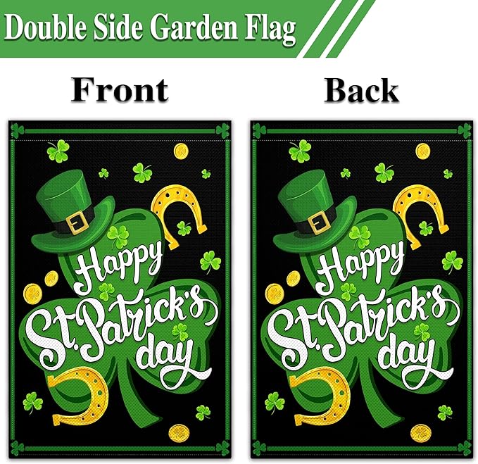 St Patrick'S Day Double Sided Garden Flags 12×18 Happy Shamrocks Garden Flag Clover Hat Gold Coins Flag for Outside Yard House Lawn Outdoor Holiday Sign Decor