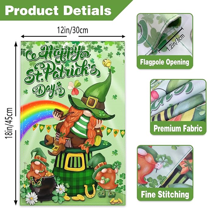 St Patrick's Day Garden Flag 12x18 Inch Double Sided Irish Lucky Shamrock Garden Flag 3ply Durable Polyester for Outdoor House Indoor Yard Holiday Decoration