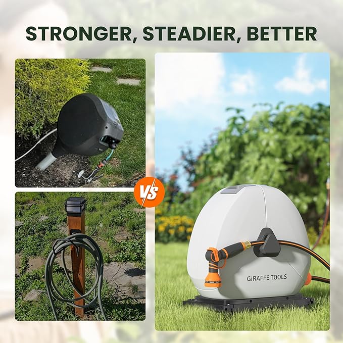 Giraffe Tools 130FT Heavy Duty Ground Retractable Hose Reel, 1/2 Inch Automatic Rewind Garden Hose Reel for Lawn & Yard, Swivel Base for Concrete/Patio, Durable Ground Mount Helper