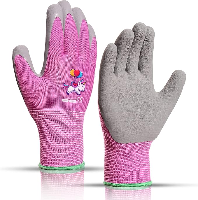 Ages 5-7 Kids Gardening Gloves,Yard Work Gloves for Toddlers, Youth, Girls, Boys, Childrens, Soft Safety Rubber Gloves (XXS Age 5-7, 1 Pair Pink Unicorn)