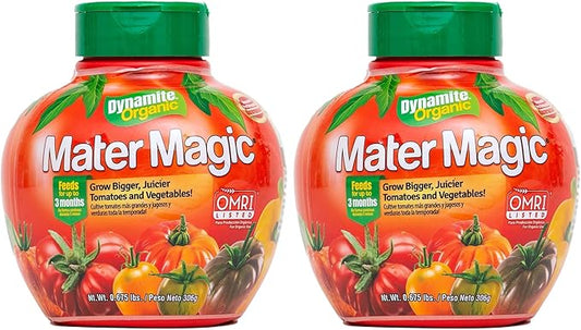 Dynamite Mater Magic - Organic Tomato Fertilizer for Bigger, Juicier Tomatoes and Vegetables, OMRI Listed, Nitrogen and Calcium-Rich Plant Food - .675 Pound Container with Shaker Lid (Pack of 2)