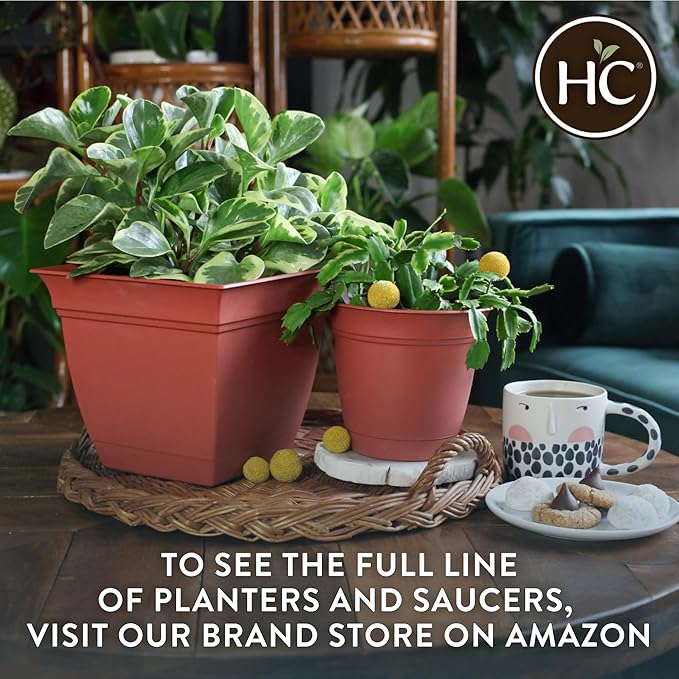 The HC Companies 6 Inch Eclipse Square Planter Pots with Drainage Holes & Attached Saucer, Lightweight UV-Resistant Plastic Indoor Outdoor Planters, 4-Pack Flower Pots for Garden Home Decor, Sandstone