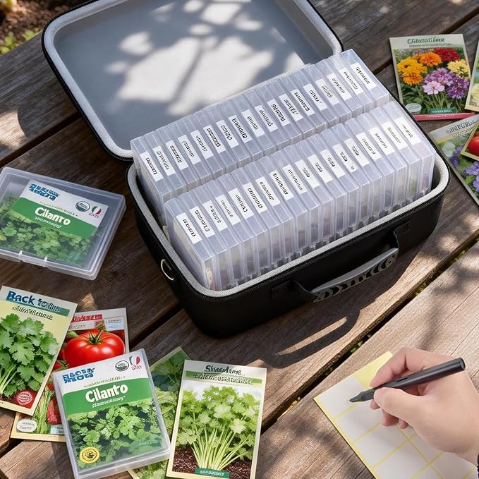 [Boobowl] 36 Slots Seed Storage Organizer, Hard Shell Seed Holder with Labels, Dry Storage Container for Garden Vegetable Seeds, Sturdy Carrying Bag with Handle and Shoulder Strap(Box Only)