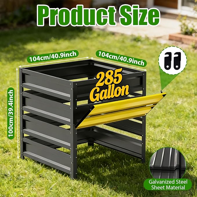 285 Gallon Compost Bin Outdoor, Metal Compost Bins with with Pull-Out Door, Galvanized Steel Sheet, Heavy Duty Composting Bin for Outside Backyard, Garden, Patio, Natural, 41(L)*41(W)*39.4(H) inch