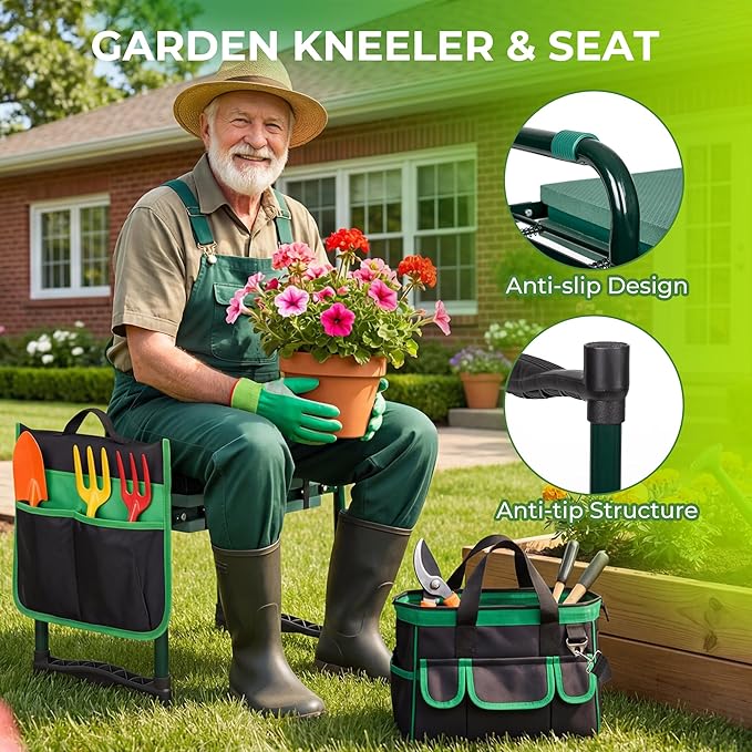 Walensee Foldable Garden Kneeler and Seat with Cross-Body Tool Bag & Removable Tool Pouch, Heavy Duty Garden Stool with Soft Leather Kneeling Pad, No Assembly, Ideal Gardening Gift for Women & Men