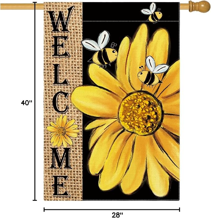 AVOIN colorlife Spring Summer Bee Sunflower House Flag 28x40 Inch Double Sided, Welcome Holiday Burlap Yard Outdoor Decoration