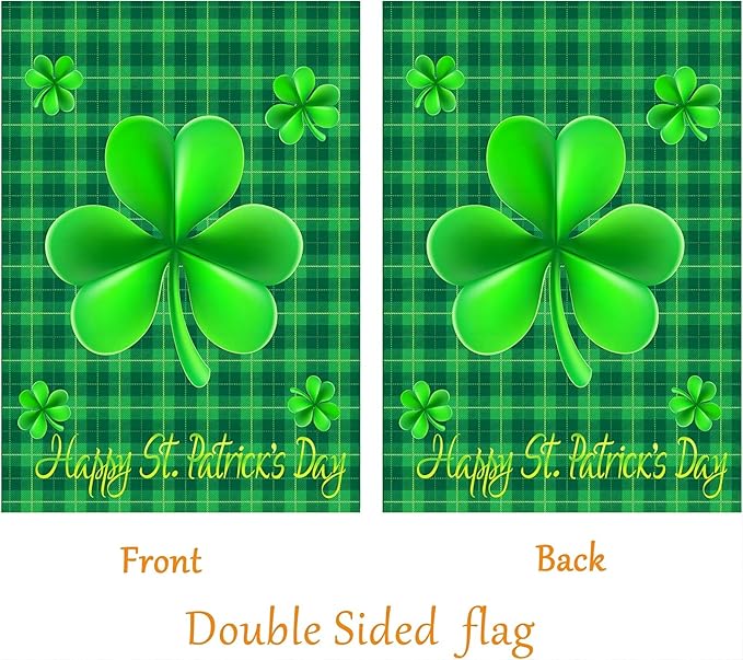 WENWELL St. Patricks Day Garden Flag 28 x 40 Inches Double Sided,Green with Cuff,Happy Saint Patrick's Day Shamrock House Banner for Home,Office,School,Yard,Party Decorations