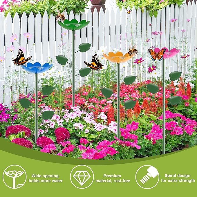 Bee Watering Station with Larger Capacity, 4 Pack Colorful Bee Water Feeder, Durable Metal Butterfly Bee Baths for Garden, Bee Cups with Flower Design for Outdoor Garden Decor