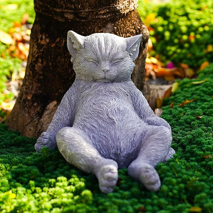 Cat Memorial Stone Garden Statue, Pet Statue Gifts for Loss of Cat Sympathy, Grave Markers for Garden Outdoor Decor, 9.8” L Weatherproof Lazy Tabby Figurine, Outdoor Patio Accent Yard Decoration