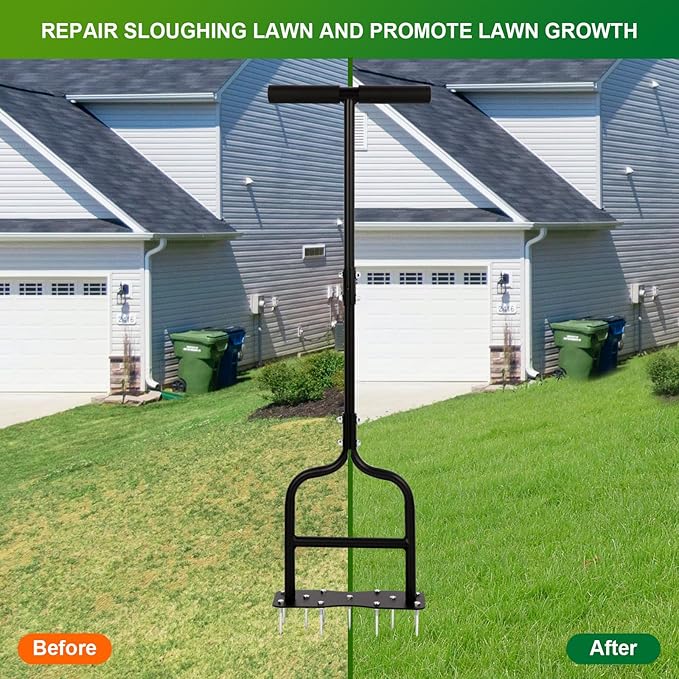 sancat Lawn Aerator,Spike Aerator, Heavy Duty Manual Lawn Aerator Tool with 11 Iron Spikes, Grass Aerator Tools for Yard, Lawn Aeration, Height Adjustable Garden Tool, Revives Lawn Health
