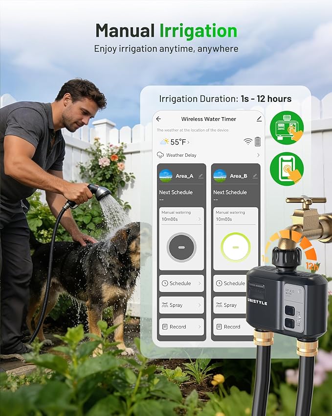 [All-New 2027] 1640FT WiFi Sprinkler Timer 2 Zone, Unistyle Smart Hose Timers Compatible Alexa & Google Voice and App Control, Water Timer for Garden Hose with Auto & Manual Modes for Garden Lawn