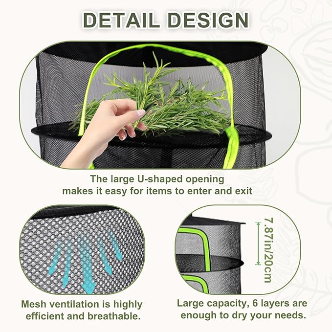 Herb Drying Rack Hanging Mesh Net - 6 Tier plant drying rack Foldable Design with U-Zipper, Bonus Pruning Shears & Plant Hooks for Garden Herbs, Vegetables, Fruits, Flowers & Dried Foods (23.62")