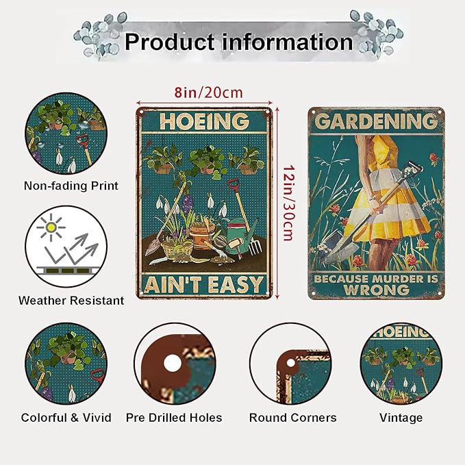 2Pcs Funny Garden Sign Gardening Because Murder Is Wrong Hoeing Ain't Easy Vintage Tin Plate Signs Garden Decor for Outside Yard, Backyard, Patio, Porch and Home Garden 8x12 Inch