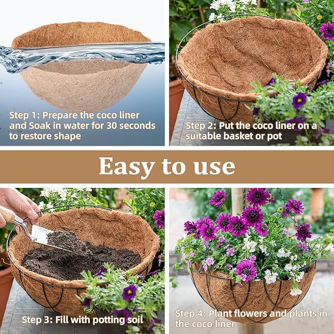 Legigo 4 Pack 12 Inch Hanging Basket Coco Liners Replacement, 100% Natural Round Coconut Coco Fiber Planter Basket Liners for Hanging Basket Flowers/Vegetables