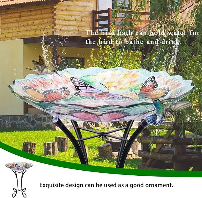 Glass Bird Bath Outdoor with Metal Stand for Lawn Yard Garden Decor Butterfly Bird Feeder