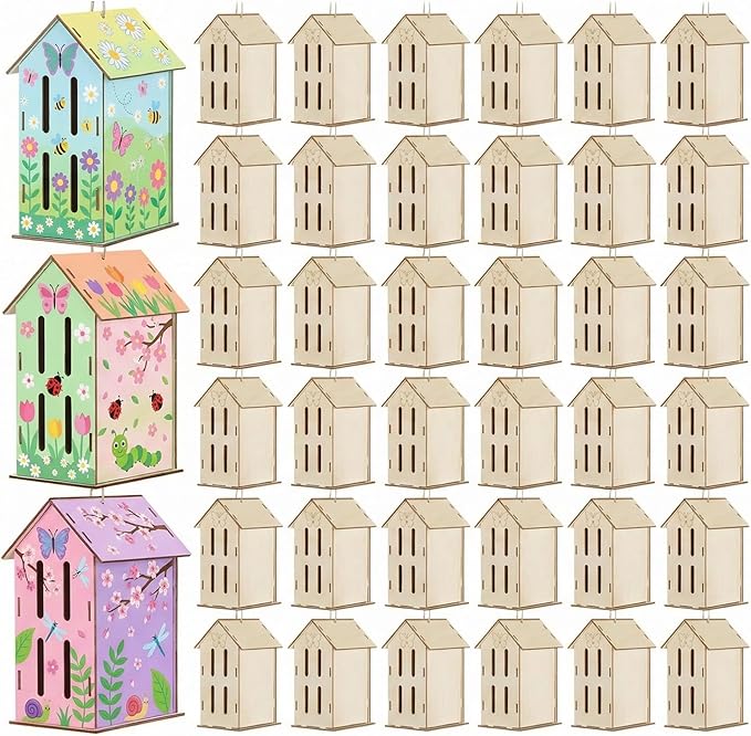 DoubleFill 12 Pack Wood Butterfly House Painting Crafts Kits My First Butterfly House DIY Art Craft Kit with Hemp Rope DIY Cedar Wooden Birdhouse for Building Bee Ladybug Habitat, No Paint