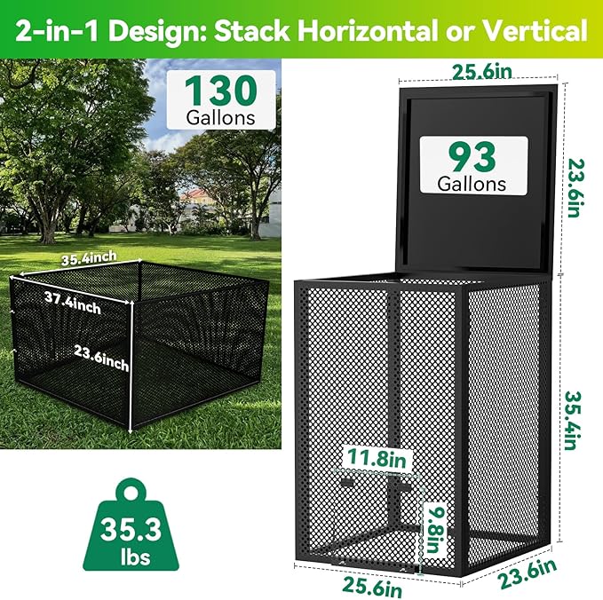 Compost Bin Outdoor with Lid - Large 93/130 Gal Composter 2-in-1 Design, Heavy-Duty Galvanized Steel Perforated Sheet with Rust-Proof Coating, Versatile Outdoor Fence, for Garden, Yard & Kitchen Waste