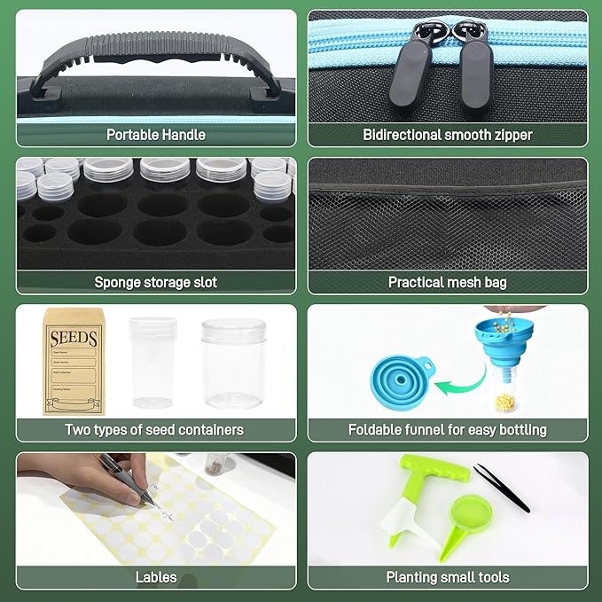 114 Slots Seed Storage Organizer Kit with 20 Envelopes, Waterproof Seed Storage Box, Transparent Bottles, Tweezers, Funnel, Sower for Vegetable Flower Garden Seeds Saver Kit for Vegetable
