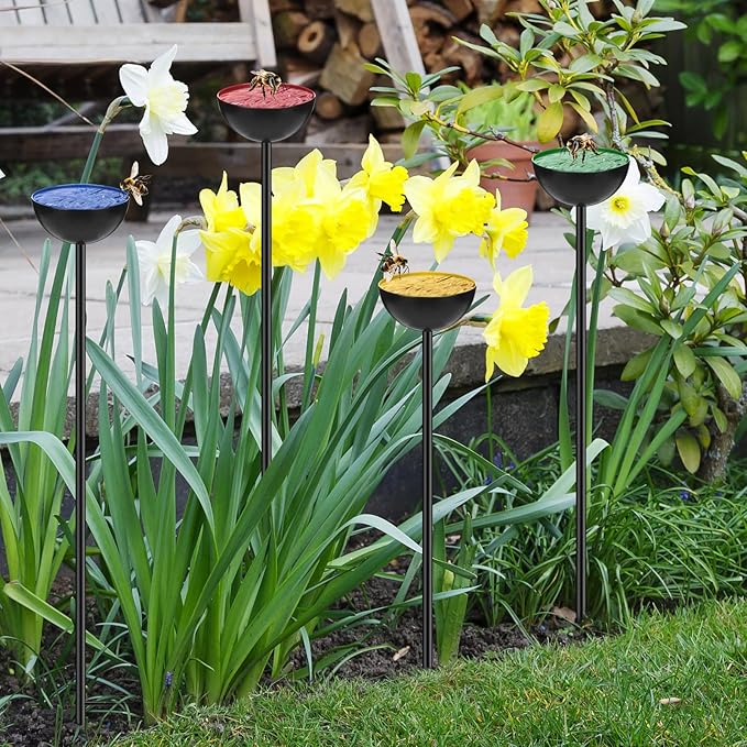 4 Pcs Bee Watering Station Butterfly Water Catcher Cups Small Insects Bee Feeders for Outside Feeding and Watering Metal Garden Stakes Garden Sculpture Decor