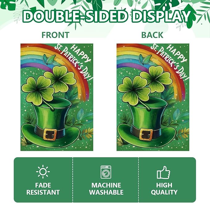 Happy St Patricks Day Garden Flag 12x18 Inch, Green Hat with Four-leaf Clover Double Sided Flag for Yard Outdoor Decoration