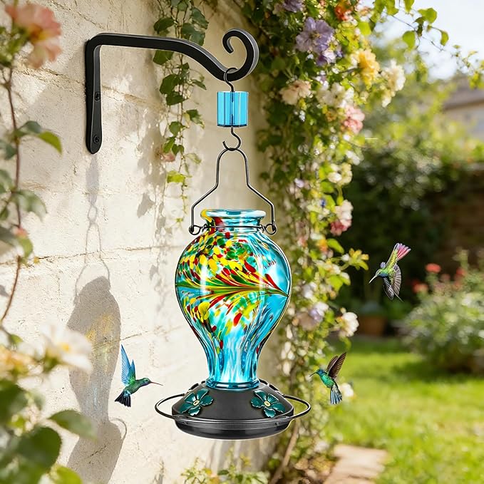 Hand Blown Glass Hummingbird Feeders for Outdoors Hanging, 24oz Wild Bird Nectar Feeder with Ant Moat and Perch, Bee-Resistant Ports, Garden Decor, Gifts for Women Mom, 1 Pack, Blue Phoenix
