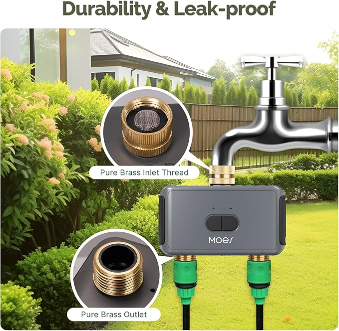 MOES WiFi Sprinkler Timer 2 Zone with Brass Inlet & Outlet, Water Timer for Garden Hose Faucet, Programmable Watering Irrigation 2 Outlet, Smart Watering System for Lawns and Yard Work with hub
