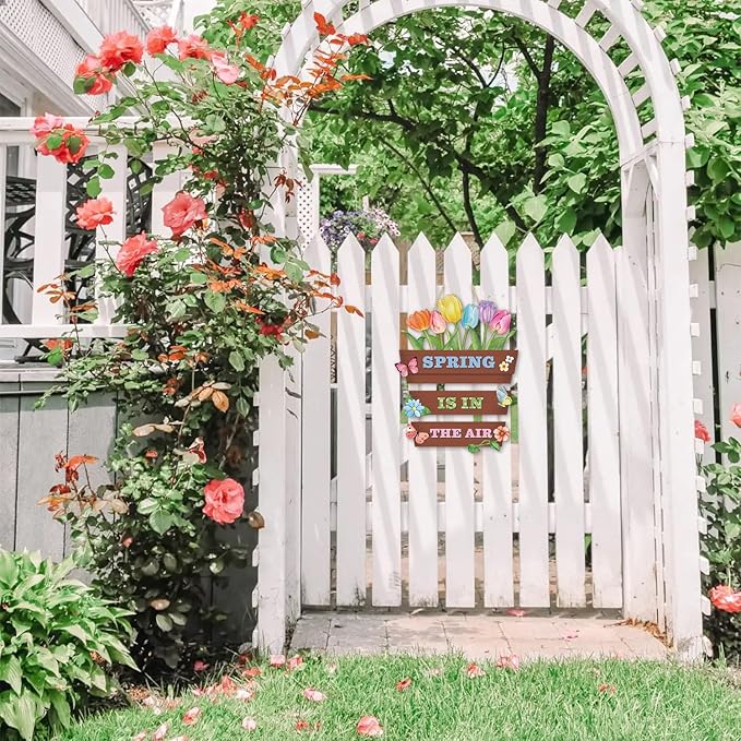 HOURIA Spring Is In The Air Wooden Door Sign(12”x14”),Colorful Tulip Flower Butterfly Spring Wall Hanging Sign,Garden Gifts,Spring Decorations for Home Garden Porch