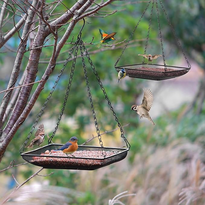 MIXXIDEA Hanging Bird Feeder Tray 11x11 Inches, Metal Mesh Platform Seed Feeder with Durable Chains for Outdoors Outside Great for Attracting Wild Birds, 2 Pack