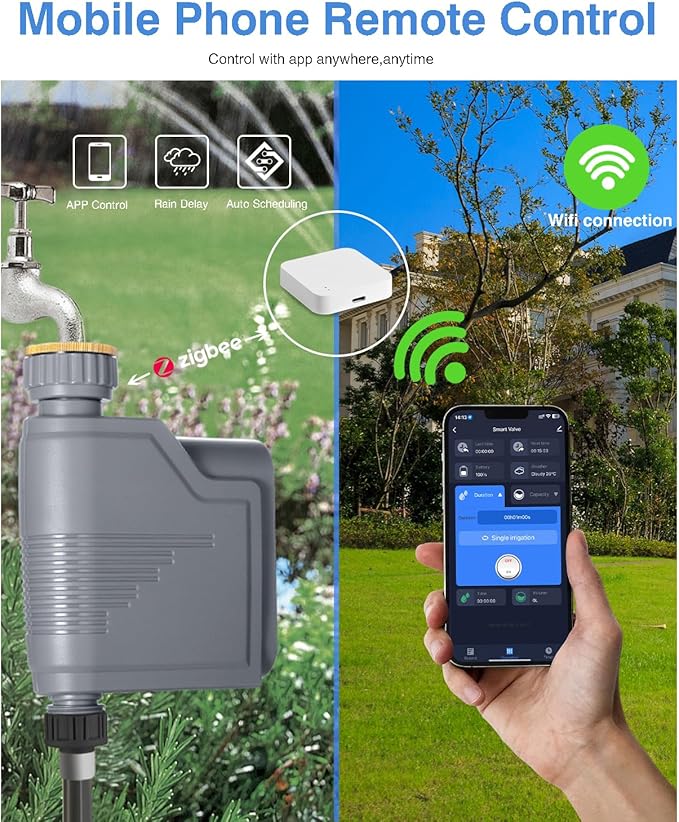 Haozee WiFi Sprinkler Timer,Smart Water Timer for Garden Hose with Hub,Built-in Flow Meter,Support Home Assistant Zigbee2mqtt,Automatic Irrigation Controller System for Lawns and Yard.