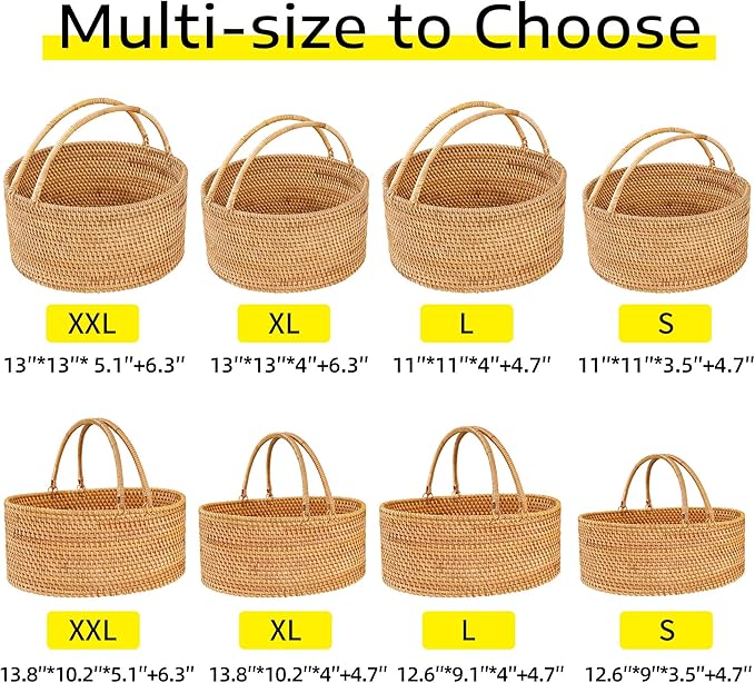 Handwoven Rattan Picnic Basket Sturdy Handles, Oval Storage Organizer for Camping, Wedding, Home, Kitchen(12.6"×9.1"×4")
