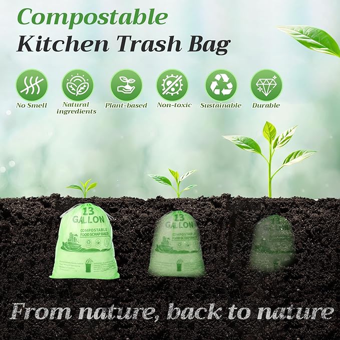 Amyhill 50 Count 13 Gallon Compostable Trash Bags Drawstring Heavy Duty Extra Thick 1.58 Mil 49.2 Liter Garbage Bags 13 Gallon Tall Kitchen Food Scrap Waste for Home Bathroom Garbage, Green