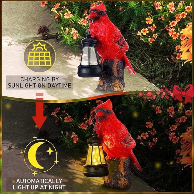 Suzile Cardinal Garden Statue with Solar Lantern 6.3 Solar Light for Outside Cardinal Garden Decor Sculptures & Statues Lights for Lawn Decor Unique Ornament Gift for Women Mom