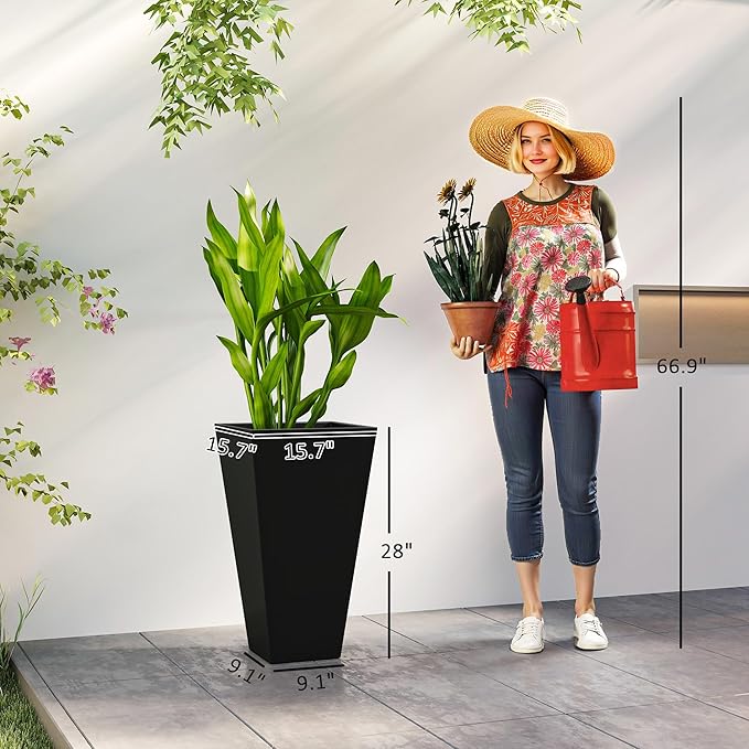 Outsunny Tall Planters for Outdoor Plants Set of 3, 28 in Taper Planters with Drainage Holes, Indoor Grande Plant Pots, Front Porch Decor, Black