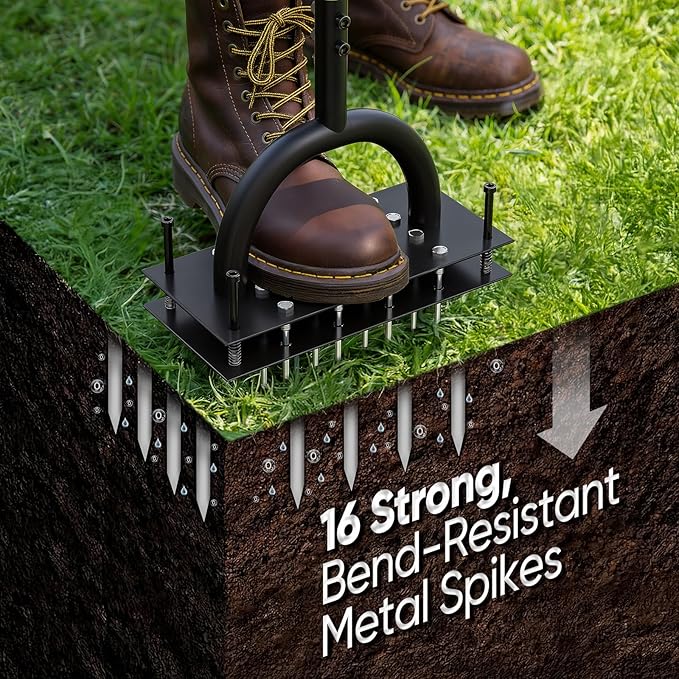 Lawn Aerator Manual Aerator Lawn Tool with 16 Spikes, Metal Grass Aerator for Yard, Lawn Aeration, Automatic Soil Ejection, Pre-Assembled Lawn Aerator Tool (Black Green)