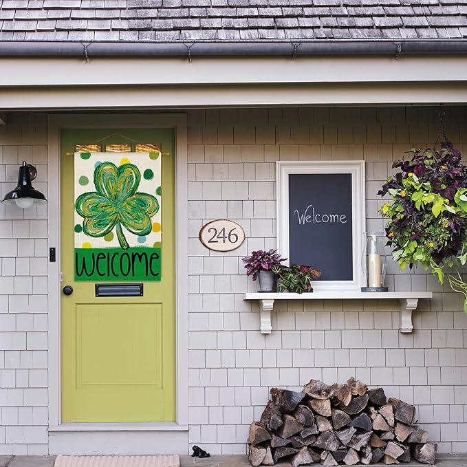 AVOIN colorlife St Patricks Day House Flag 28x40 Inch Double Sided Outside, Shamrock Clover Polka Dots Welcome Yard Outdoor Flag