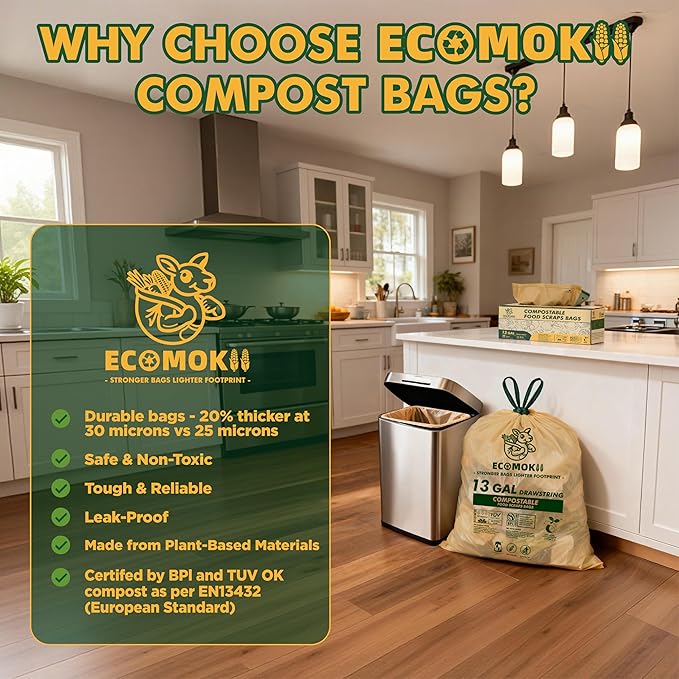 EcoMokii 13 Gallon Compostable Trash Bags with Drawstring, 30 Count, 49.2 Liter, 1.2 Mil Heavy Duty Extra Thick Large Kitchen Garbage Bin Liners, Compost Food Scraps Bag, BPI (ASTM D6400)