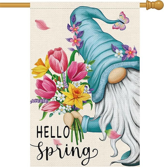 Hello Spring Gnome Garden Flag 28x40 Double Sided Burlap Butterfly Floral Yard Banner for Summer Rustic Seasonal Outside Outdoor House Decoration (ONLY FLAG)