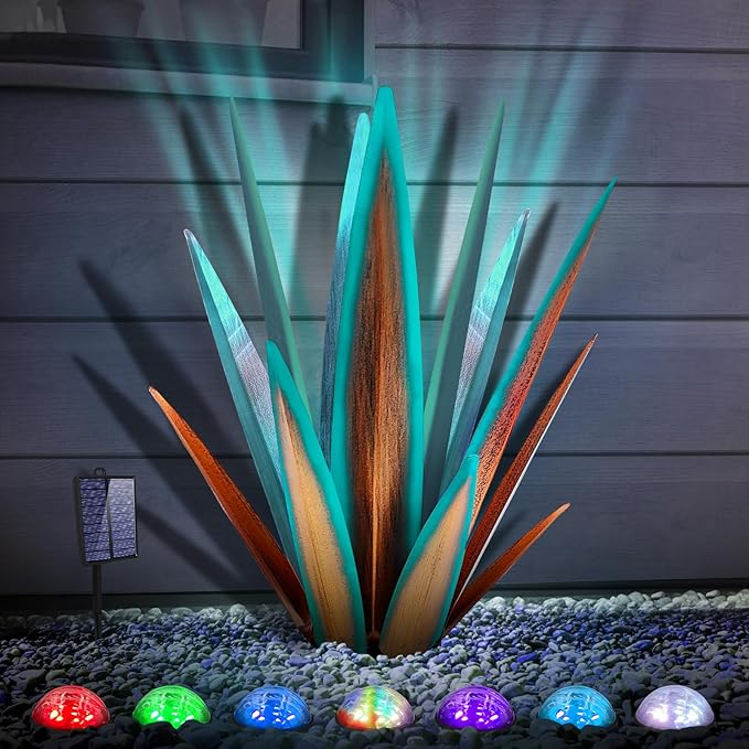 Large Tequila Rustic Sculpture, Rustic Metal Agave Plants for Outdoor Patio Yard, Home Decor Hand Painted Metal Agave Garden Yard Statue, Outdoor Lawn Ornaments (Blue - L (W/Solar Light))