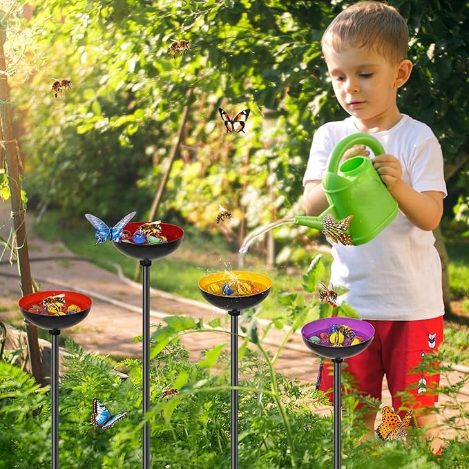 4 Pack Bee Watering Station for Garden, MeyRolizn Outdoors Metal Bee Butterfly Feeder with Glass Marbles, Butterfly Bath Insects Water Bowl for Yard Patio Decor Oval Style