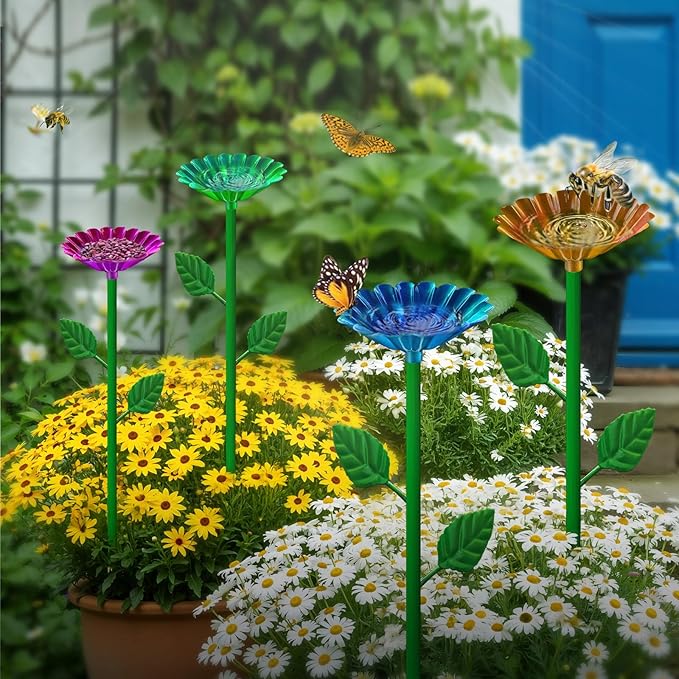 Bee Watering Station, 4 Pack Bee Baths for Garden Metal Bee Feeder with Colorful Flower Design, Butterfly Water Feeder Bowl for Outdoor Garden Yard Decor