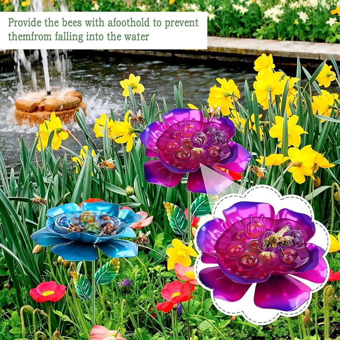 2 Pack Bee Watering Station, Metal Bee Feeder with Glass Marbles, Flower Design Bee Butterfly Watering Station Bee Waterer for Outdoor Garden Courtyard Decor